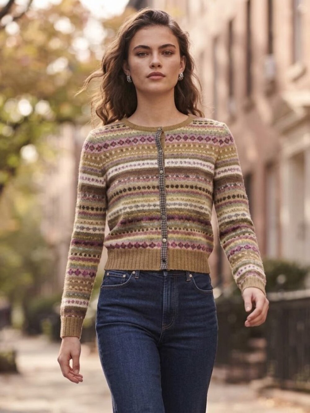 Vintage Villager Fair Isle Cardigan | Earth Tone Knit, Houndstooth Trim Sz MP